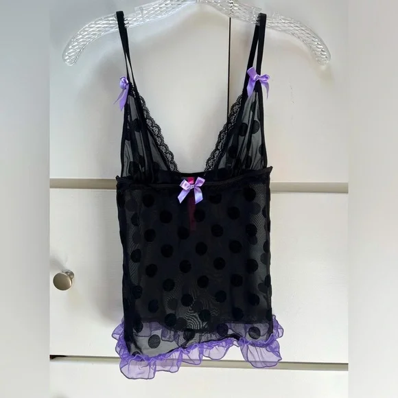7 til Midnight black on black polka dot and purple cami and panty set. Size S/M - Picture 1 of 11